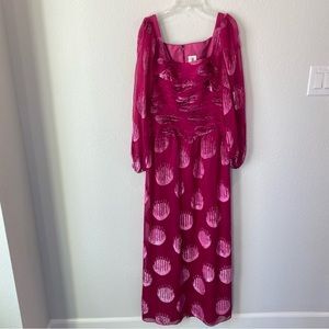 Magenta Polka Dot Long Sleeve Maxi Dress